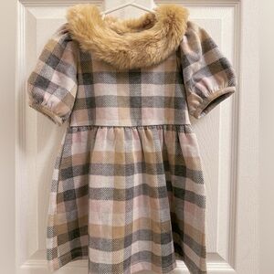 Janie and jack Tartan Faux Fur Collared Dress